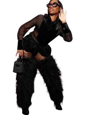 Franki 1.0 Statement Feathered Thigh High Leather Boots Black Size 11